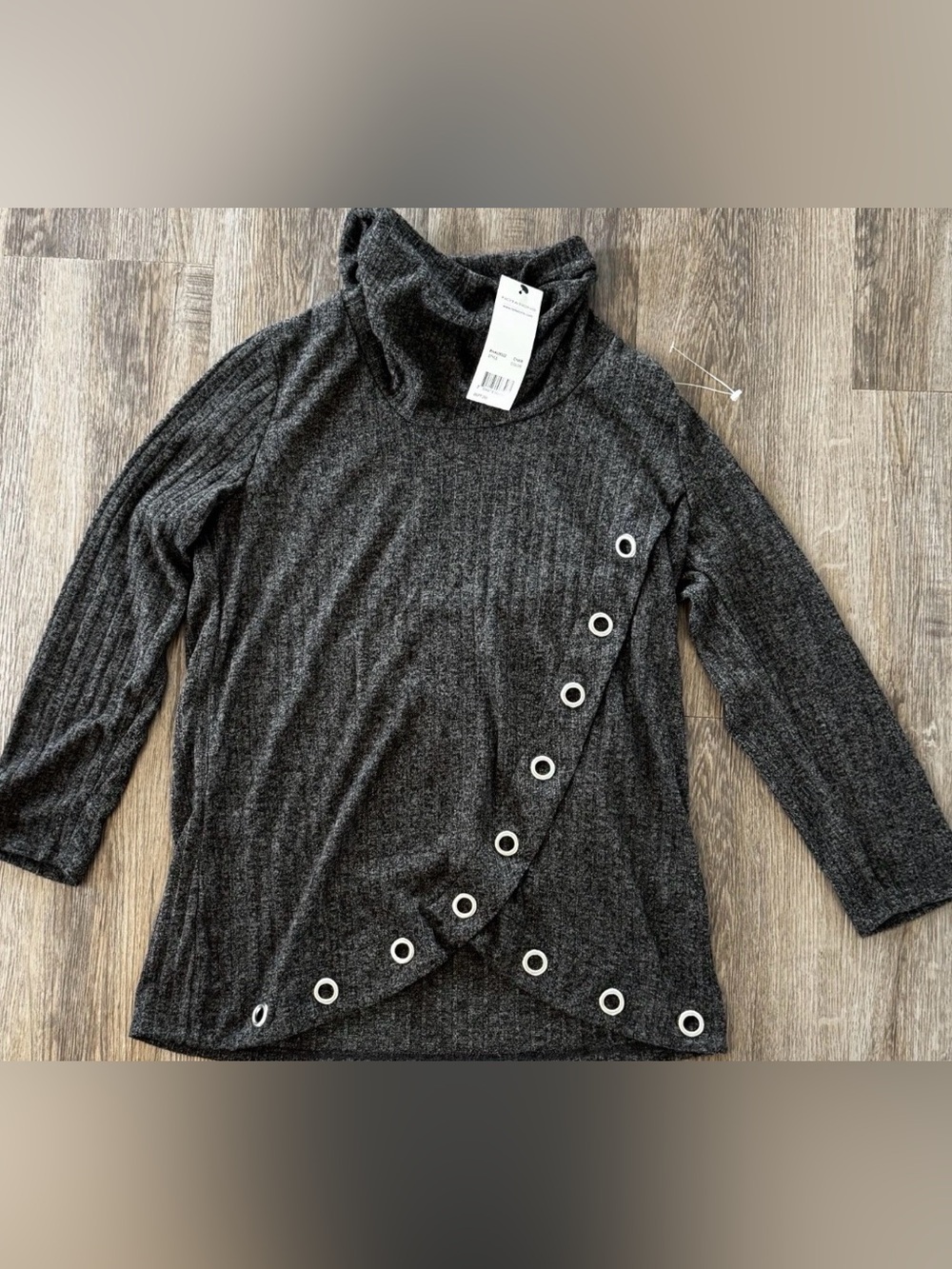 Notations Charcoal Ribbed Cowl Neck Sweater with Grommet Trim • women’s Small